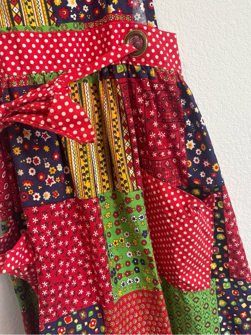 Patchwork Pinafore Apron Dress in Red, Green, Navy - Picture 5 of 8